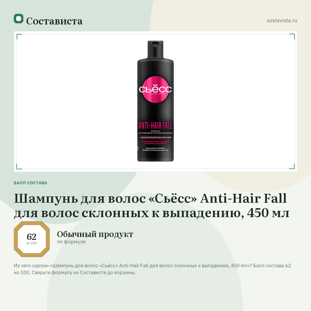 Шампунь для волос «Сьёсс» Anti-Hair Fall для волос склонных к выпадению, 450 мл: балл состава 62 из 100 — Состависта