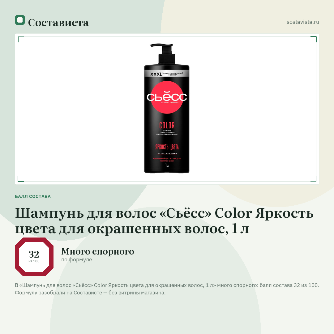 Шампунь для волос «Сьёсс» Color Яркость цвета для окрашенных волос, 1 л: балл состава 32 из 100 — Состависта