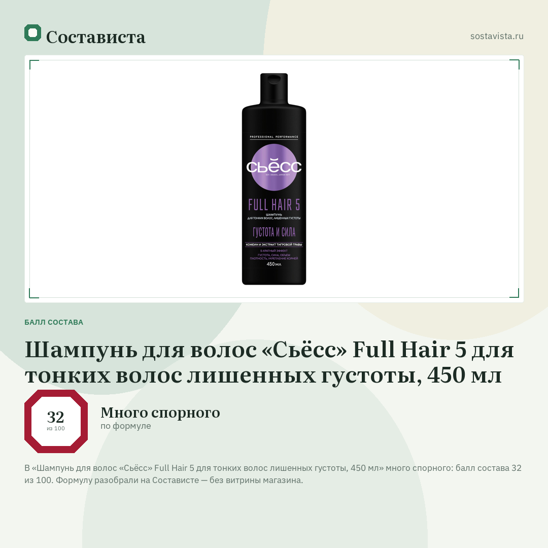 Шампунь для волос «Сьёсс» Full Hair 5 для тонких волос лишенных густоты, 450 мл: балл состава 32 из 100 — Состависта