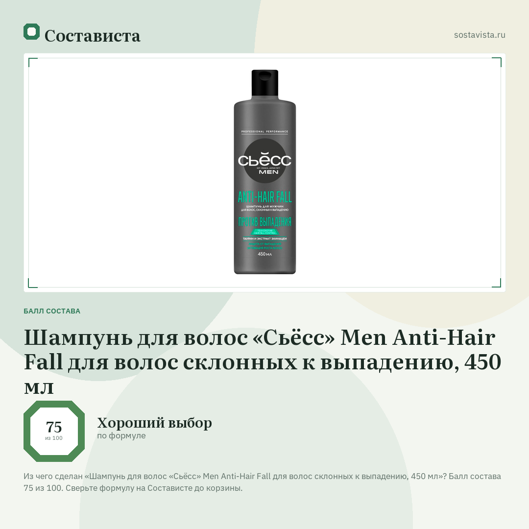 Шампунь для волос «Сьёсс» Men Anti-Hair Fall для волос склонных к выпадению, 450 мл: балл состава 75 из 100 — Состависта
