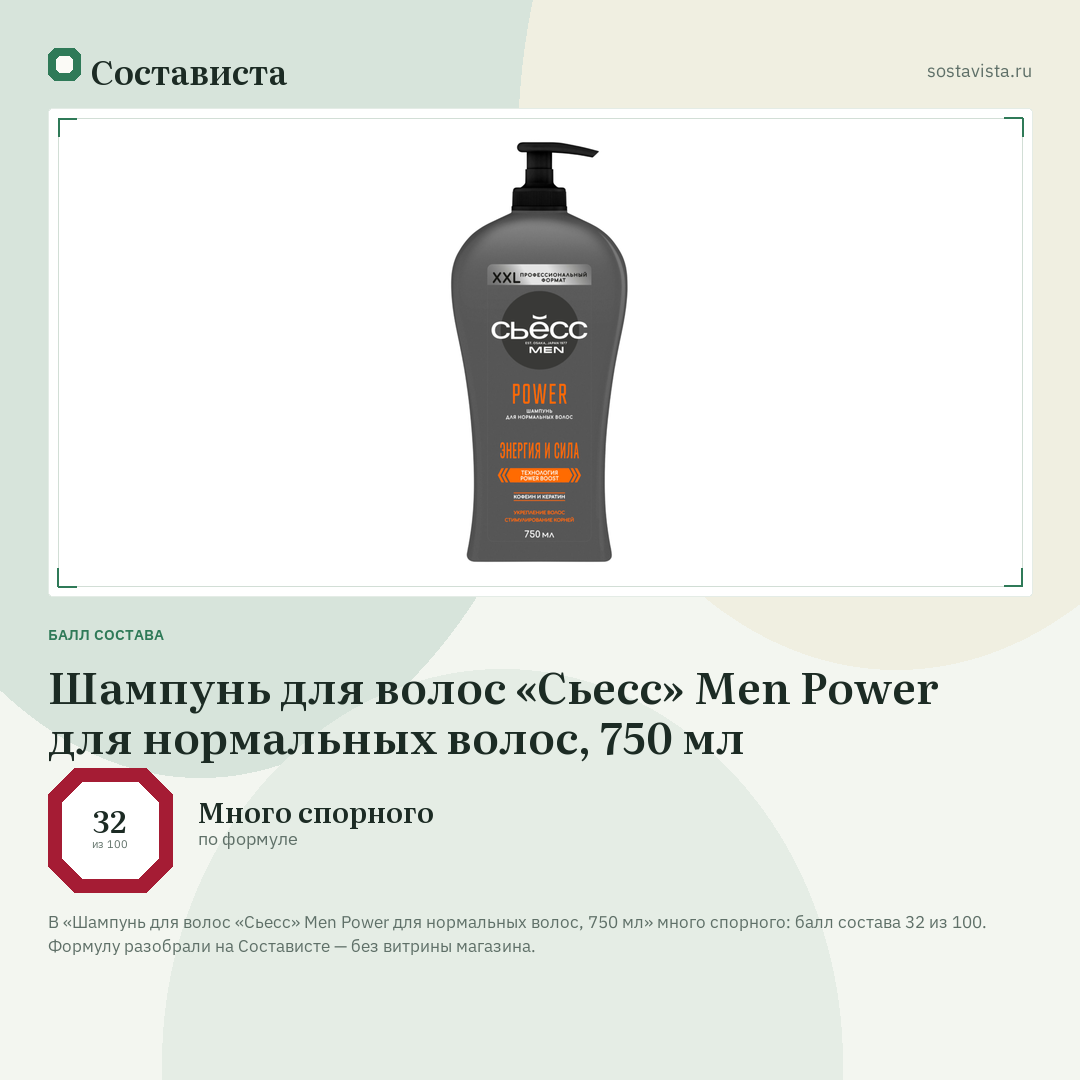 Шампунь для волос «Сьесс» Men Power для нормальных волос, 750 мл: балл состава 32 из 100 — Состависта