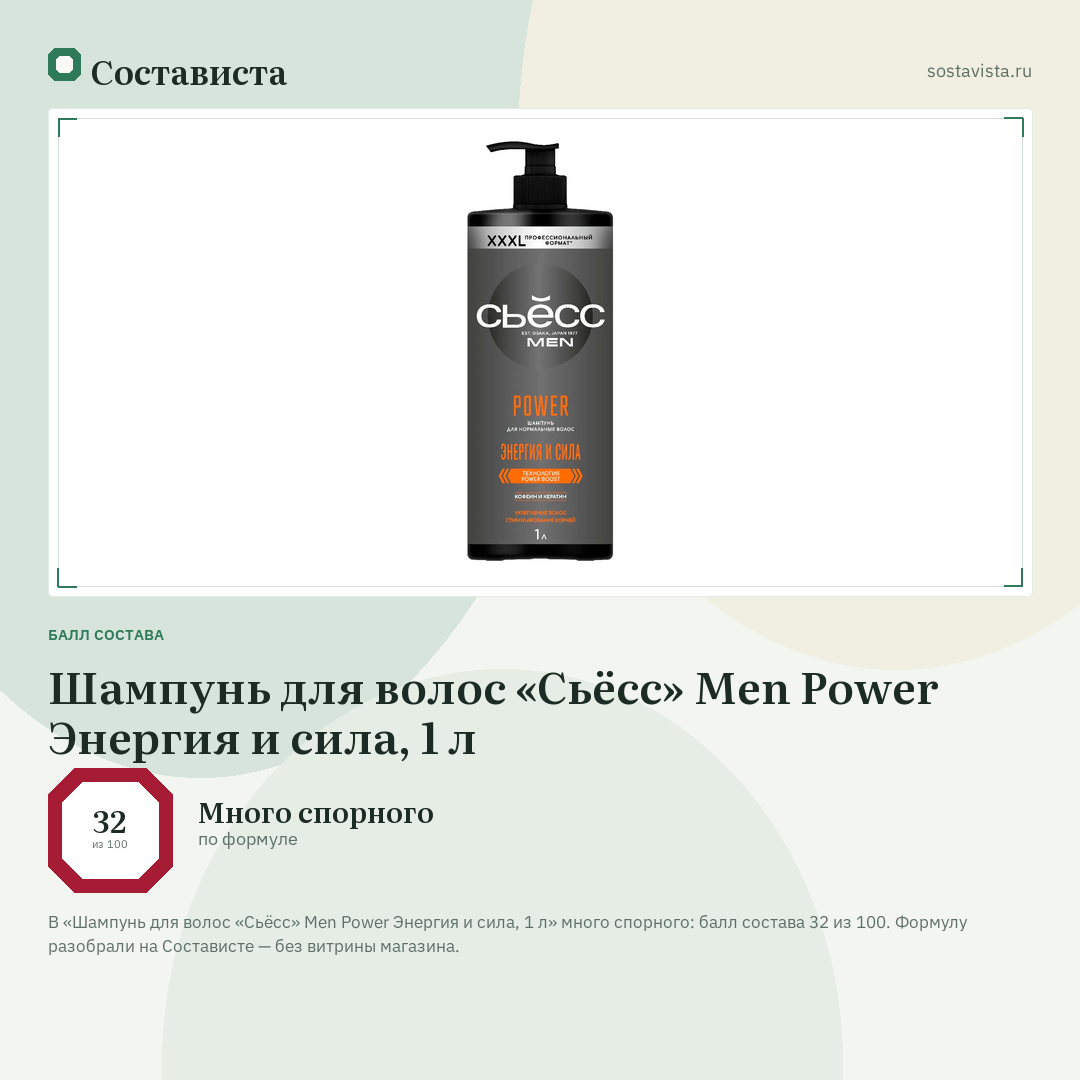 Шампунь для волос «Сьёсс» Men Power Энергия и сила, 1 л: балл состава 32 из 100 — Состависта