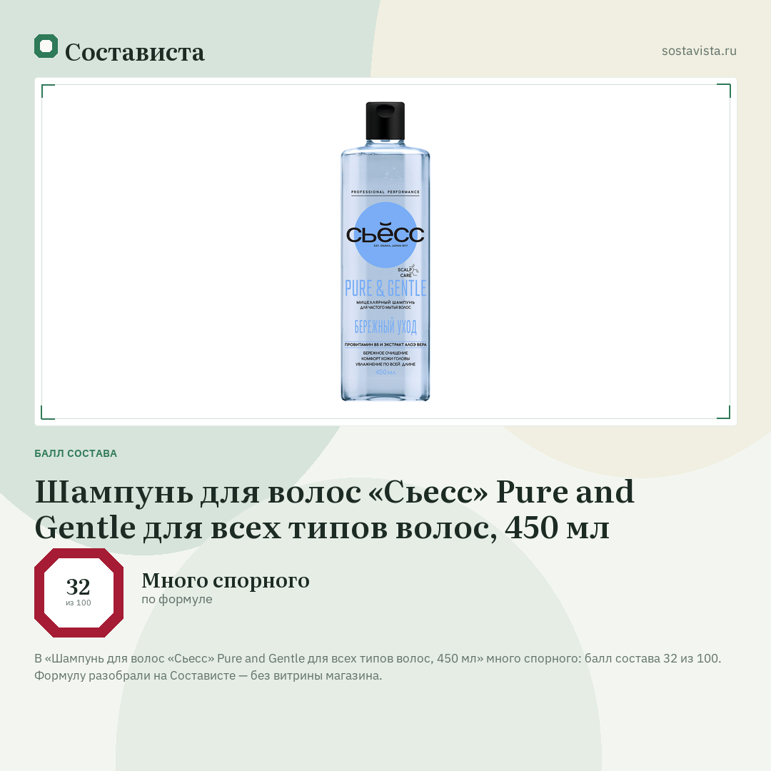 Шампунь для волос «Сьесс» Pure and Gentle для всех типов волос, 450 мл: балл состава 32 из 100 — Состависта
