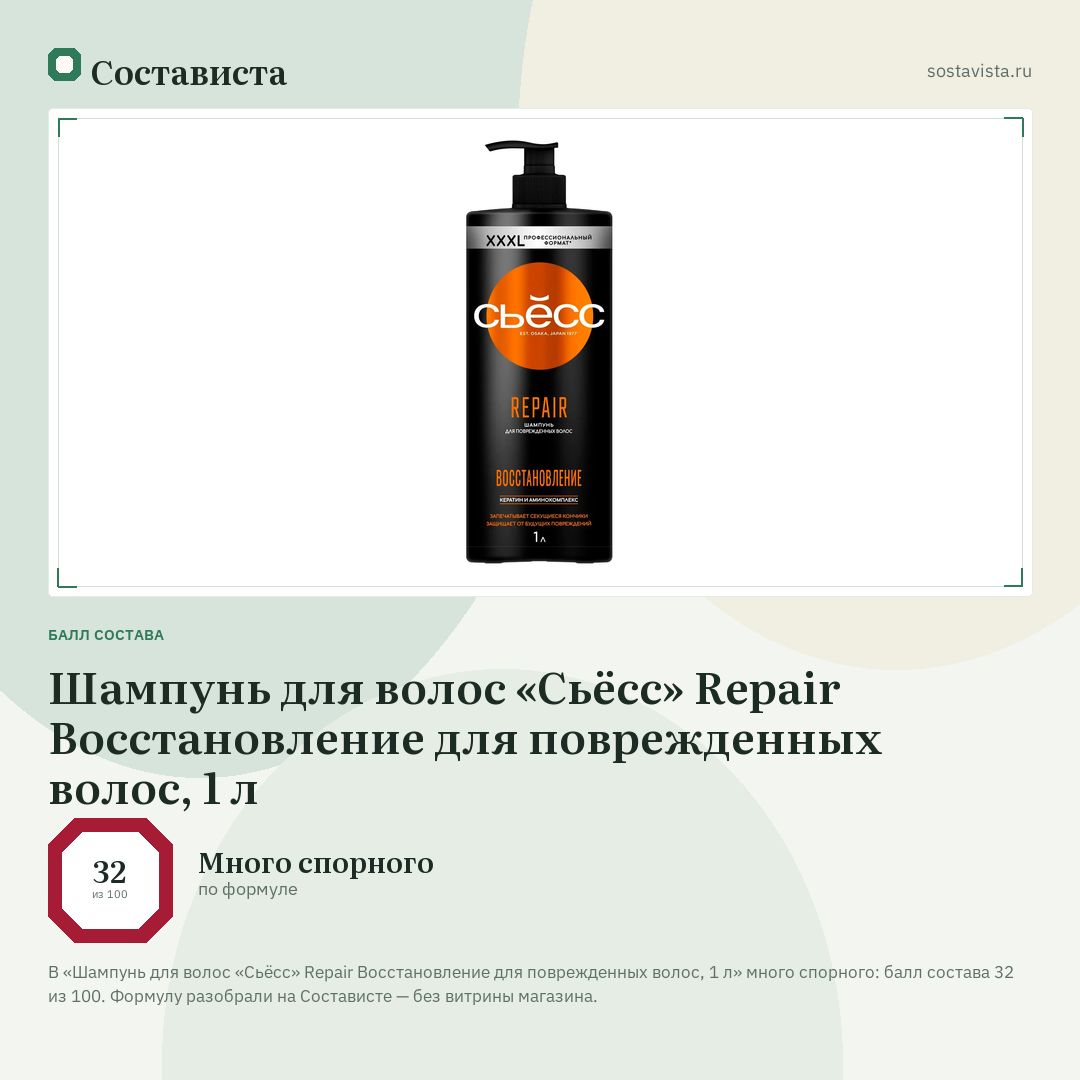 Шампунь для волос «Сьёсс» Repair Восстановление для поврежденных волос, 1 л: балл состава 32 из 100 — Состависта