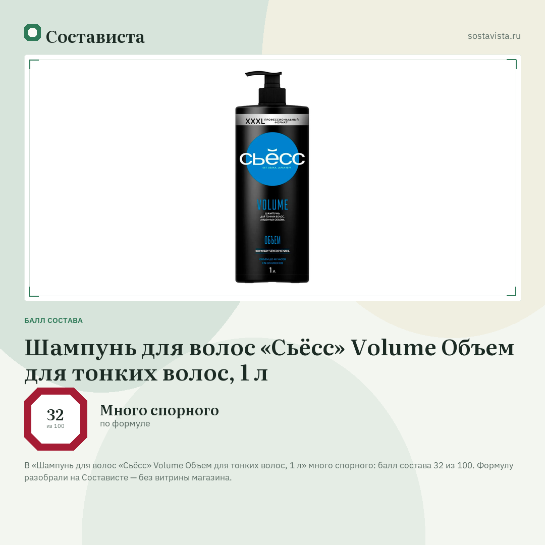 Шампунь для волос «Сьёсс» Volume Объем для тонких волос, 1 л: балл состава 32 из 100 — Состависта