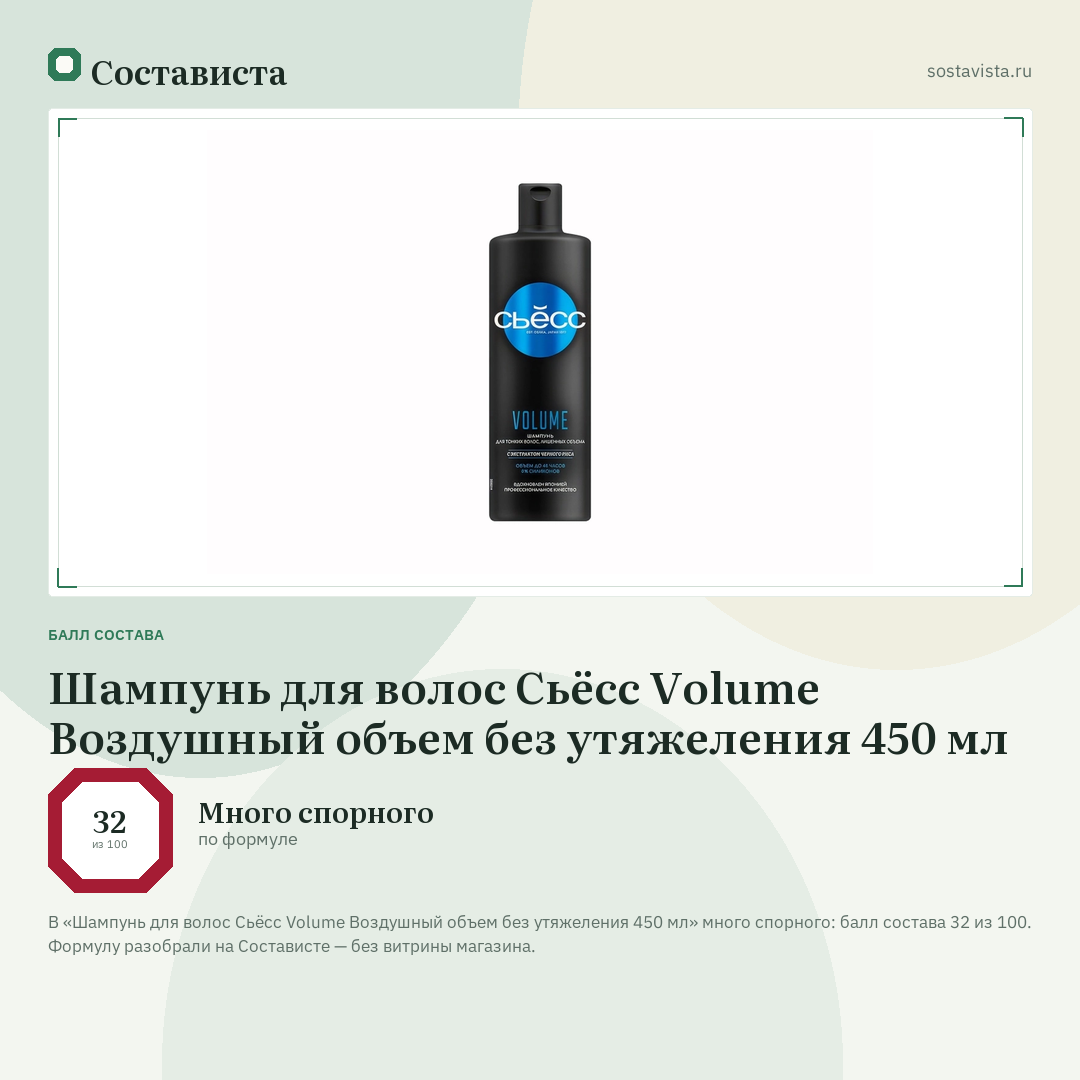 Шампунь для волос Сьёсс Volume Воздушный объем без утяжеления 450 мл: балл состава 32 из 100 — Состависта