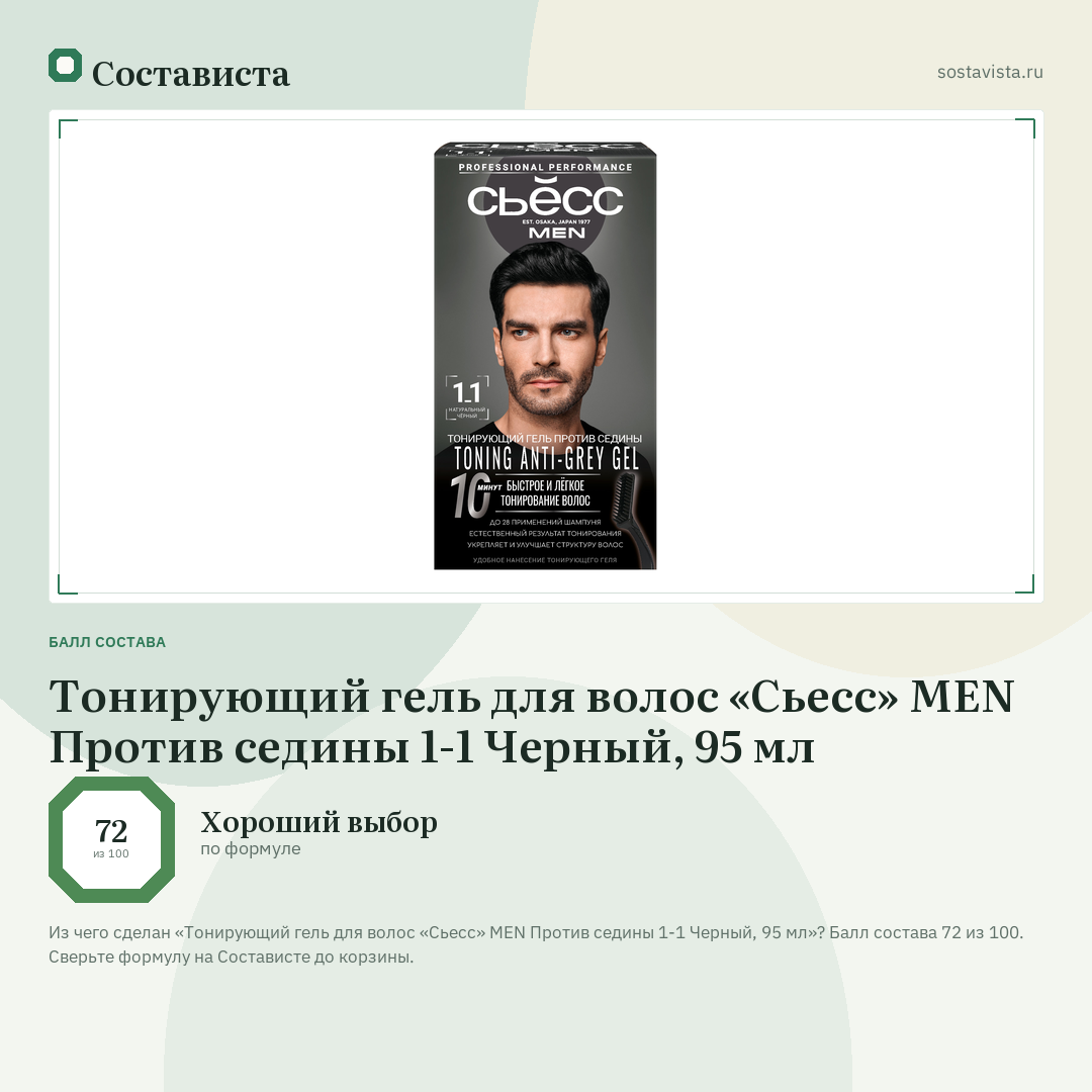 Тонирующий гель для волос «Сьесс» MEN Против седины 1-1 Черный, 95 мл: балл состава 72 из 100 — Состависта