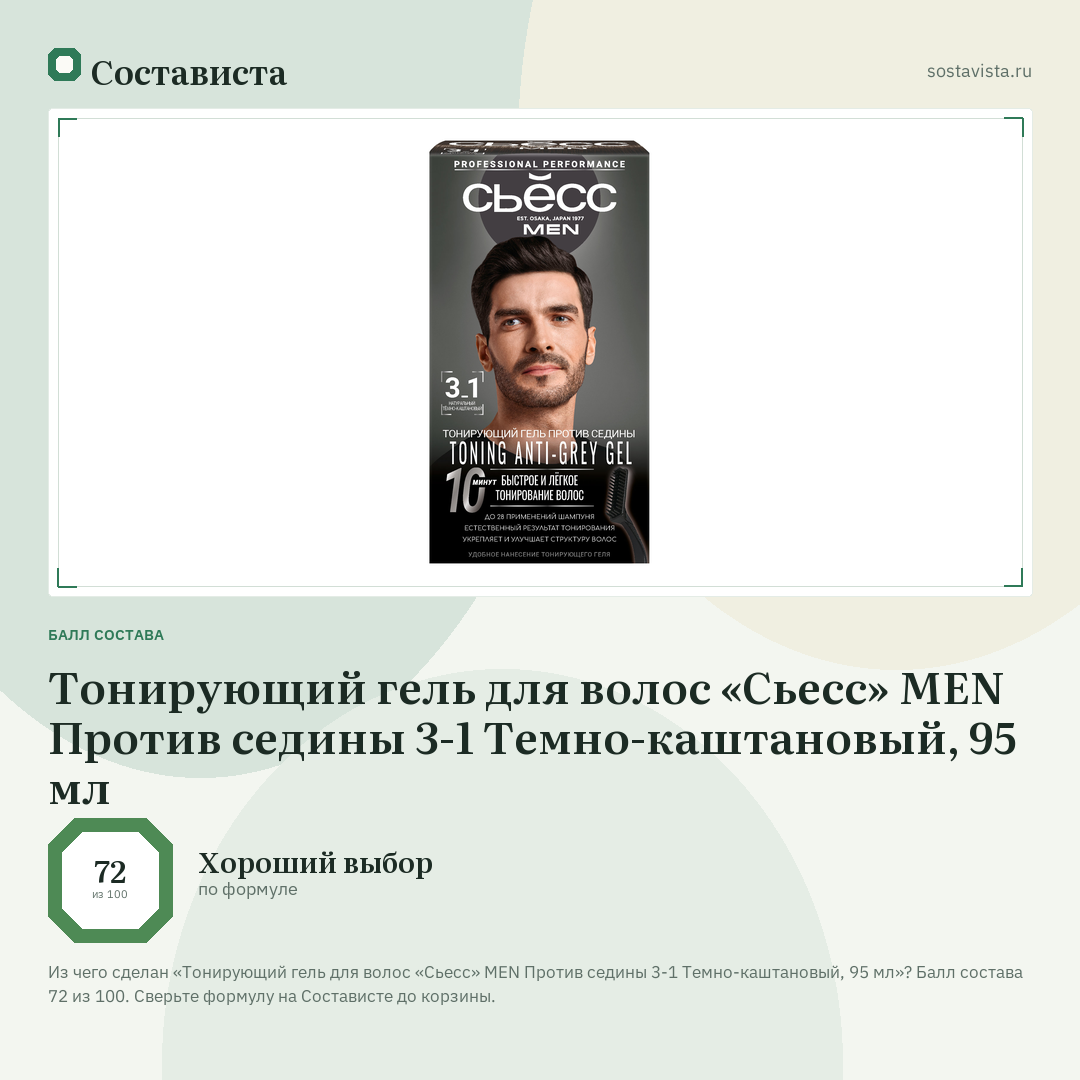 Тонирующий гель для волос «Сьесс» MEN Против седины 3-1 Темно-каштановый, 95 мл: балл состава 72 из 100 — Состависта