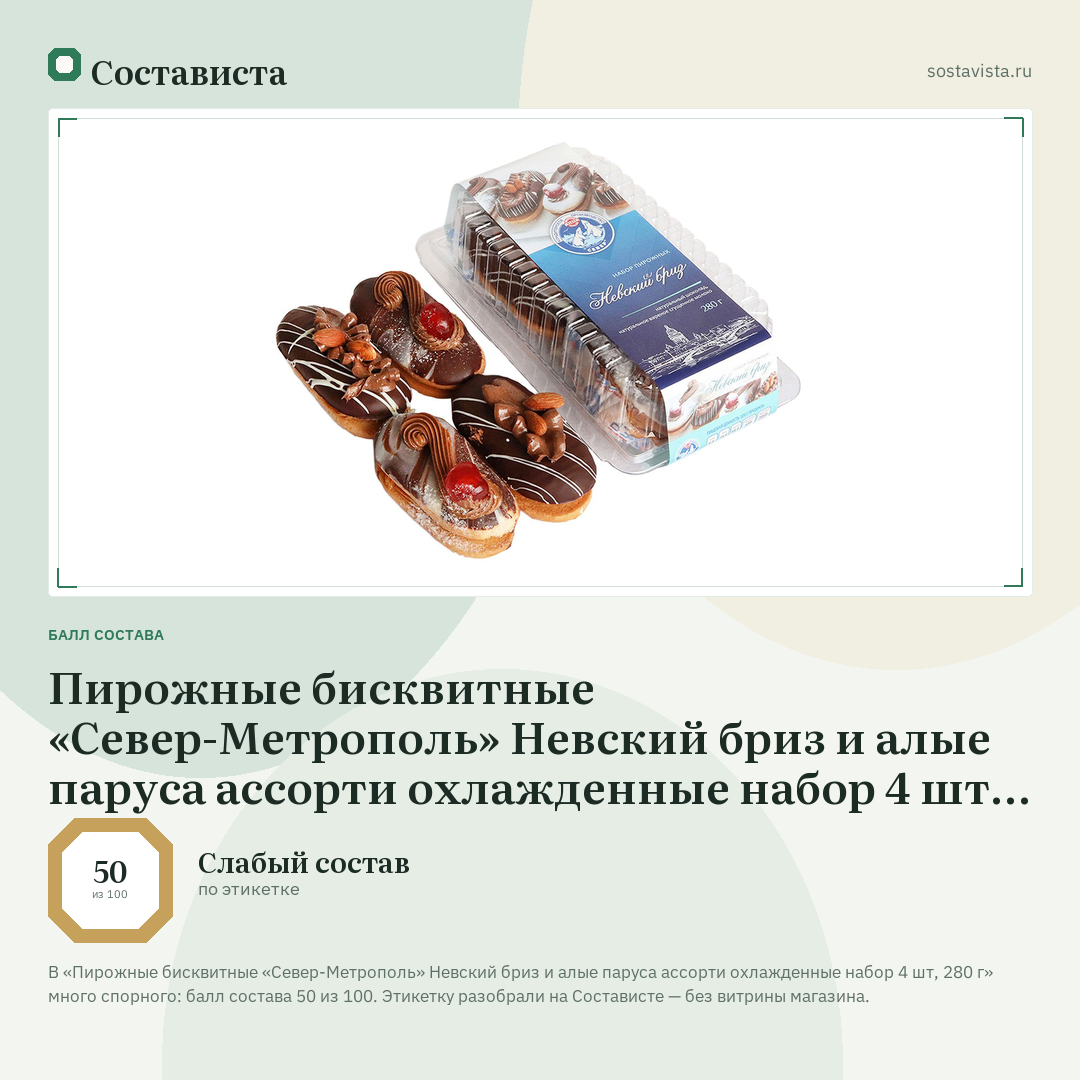 Пирожные бисквитные «Север-Метрополь» Невский бриз и алые паруса ассорти охлажденные набор 4 шт, 280 г: балл состава 50 из 100 — Состависта