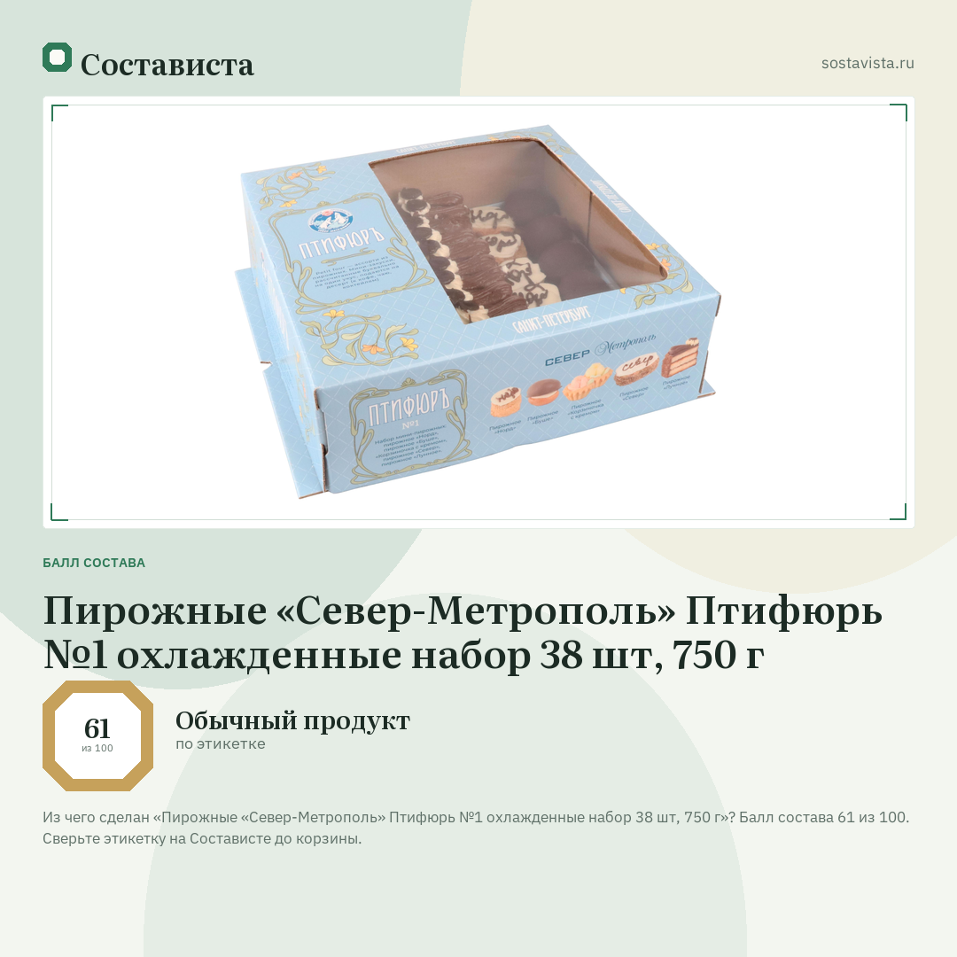 Пирожные «Север-Метрополь» Птифюрь №1 охлажденные набор 38 шт, 750 г: балл состава 61 из 100 — Состависта