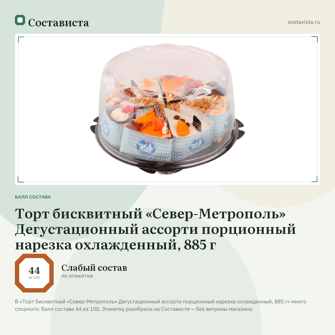 Торт бисквитный «Север-Метрополь» Дегустационный ассорти порционный нарезка охлажденный, 885 г: балл состава 44 из 100 — Состависта