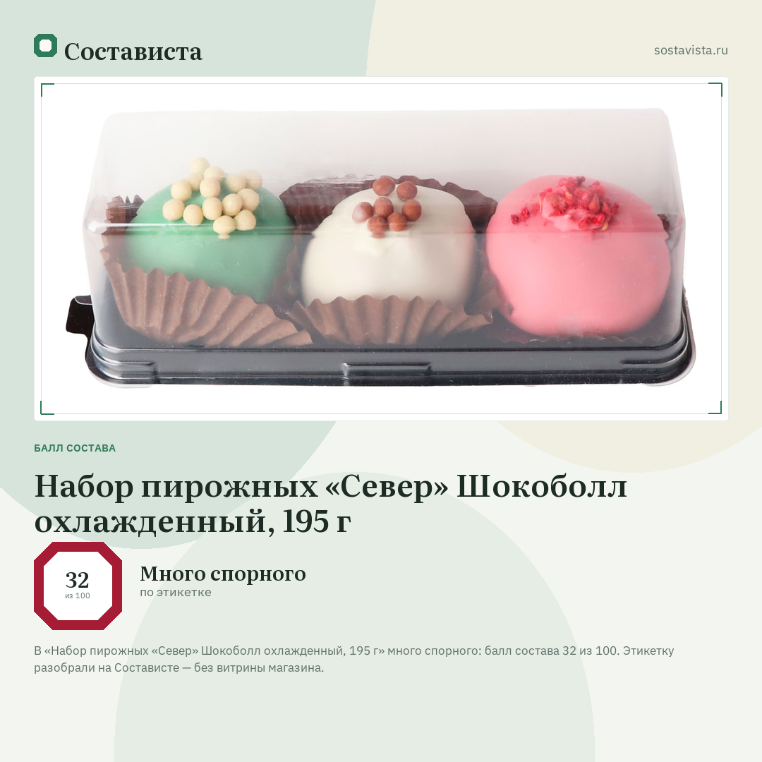 Набор пирожных «Север» Шокоболл охлажденный, 195 г: балл состава 32 из 100 — Состависта