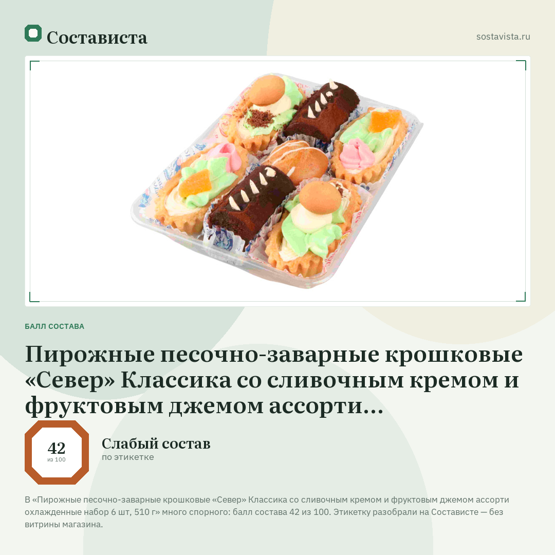 Пирожные песочно-заварные крошковые «Север» Классика со сливочным кремом и фруктовым джемом ассорти охлажденные набор 6 шт, 510 г: балл состава 42 из 100 — Состависта