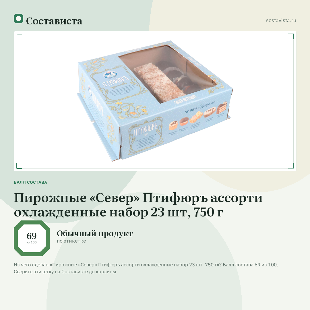 Пирожные «Север» Птифюръ ассорти охлажденные набор 23 шт, 750 г: балл состава 69 из 100 — Состависта