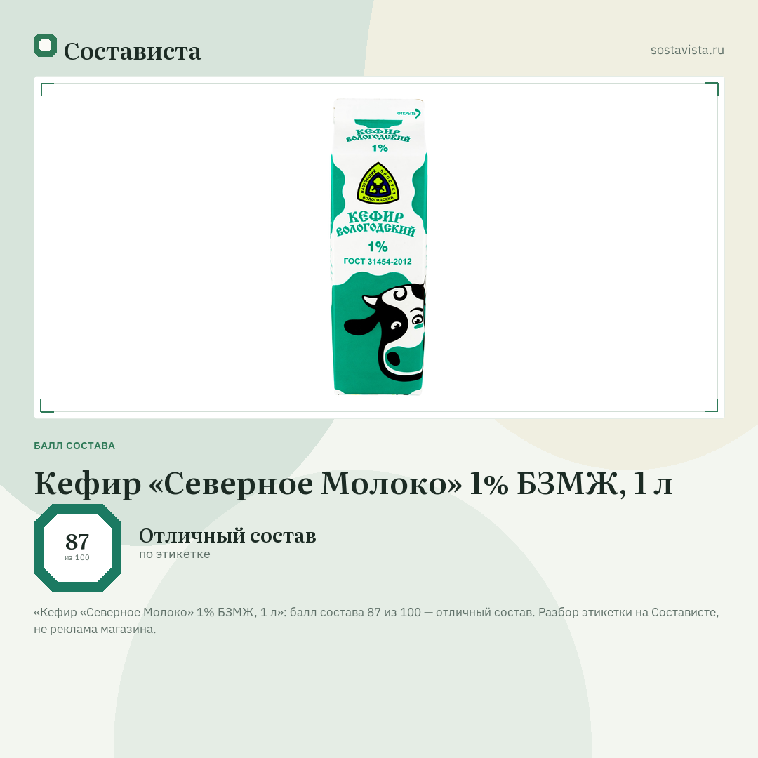 Кефир «Северное Молоко» 1% БЗМЖ, 1 л: балл состава 87 из 100 — Состависта
