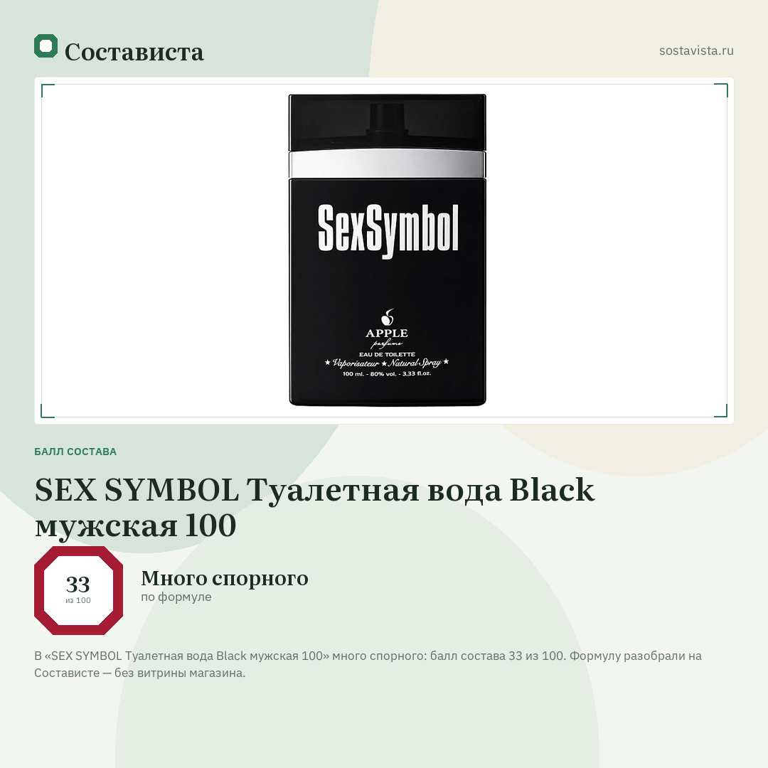 SEX SYMBOL Туалетная вода Black мужская 100: балл состава 33 из 100 — Состависта