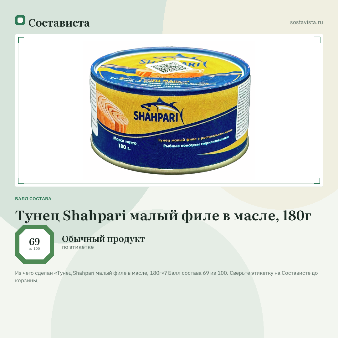 Тунец Shahpari малый филе в масле, 180г: балл состава 69 из 100 — Состависта