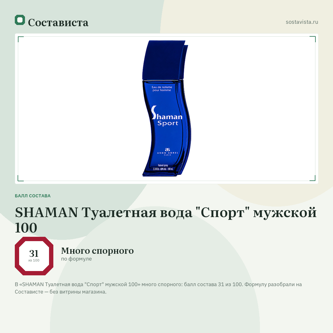 SHAMAN Туалетная вода "Спорт" мужской 100: балл состава 31 из 100 — Состависта
