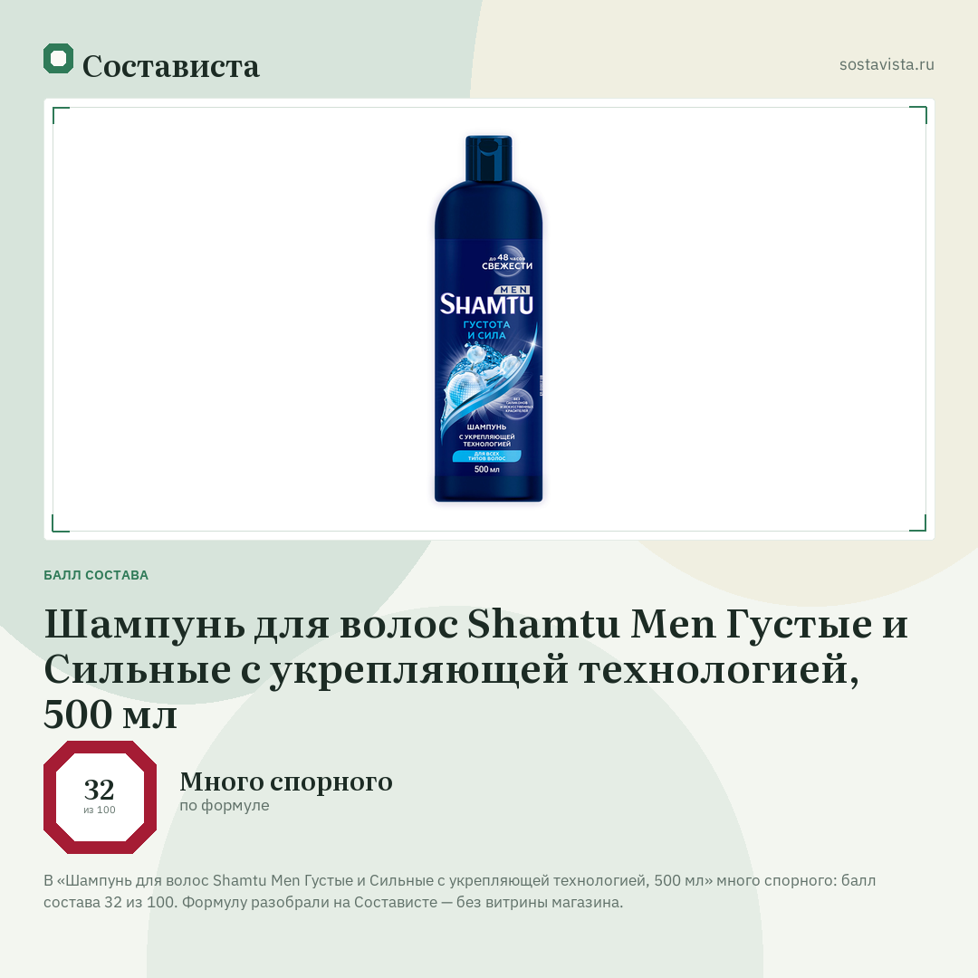 Шампунь для волос Shamtu Men Густые и Сильные с укрепляющей технологией, 500 мл: балл состава 32 из 100 — Состависта