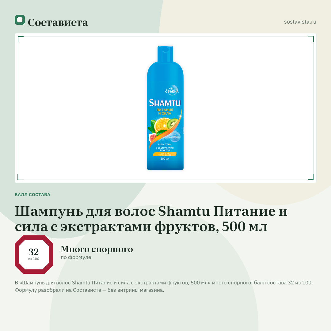 Шампунь для волос Shamtu Питание и сила с экстрактами фруктов, 500 мл: балл состава 32 из 100 — Состависта