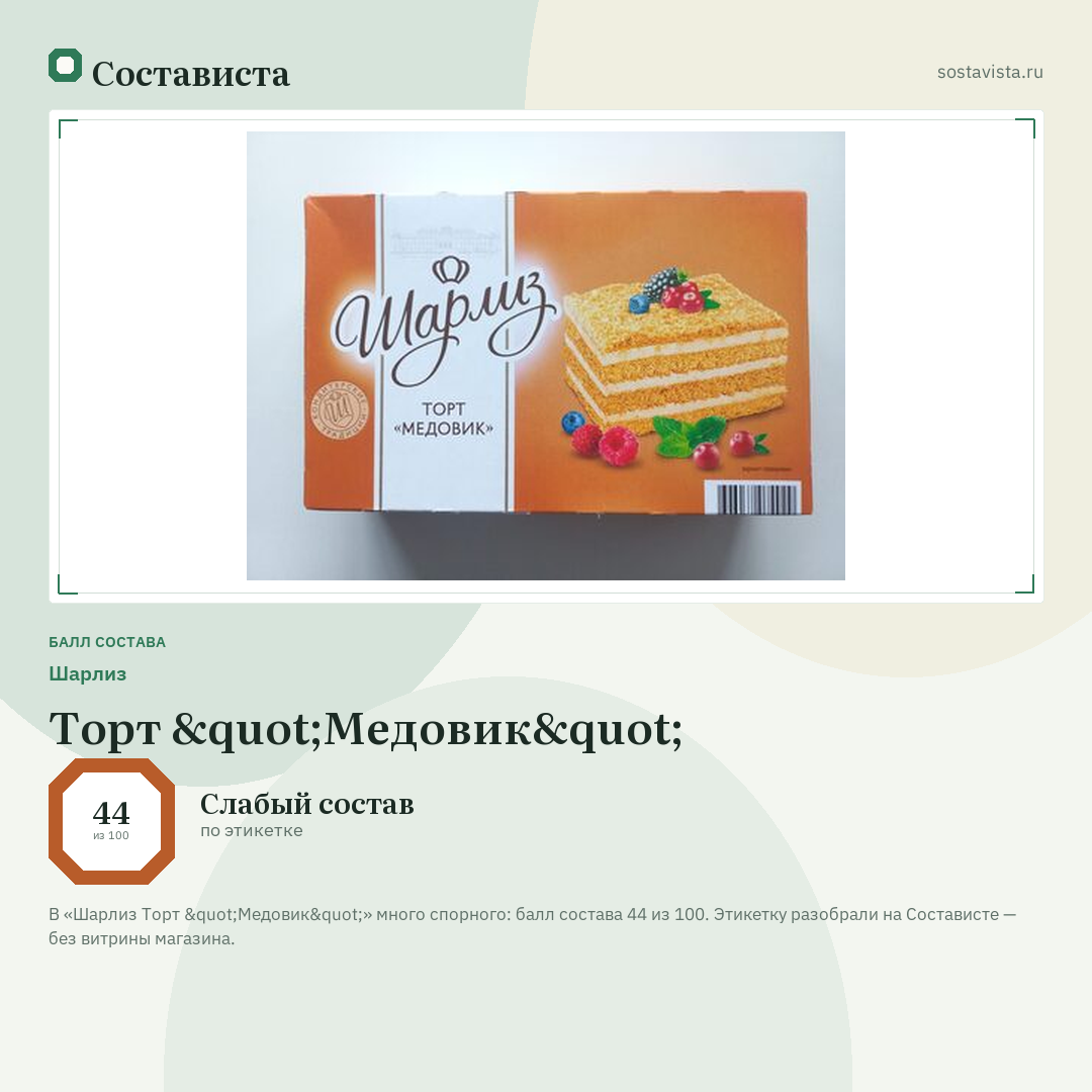 Шарлиз Торт "Медовик": балл состава 44 из 100 — Состависта