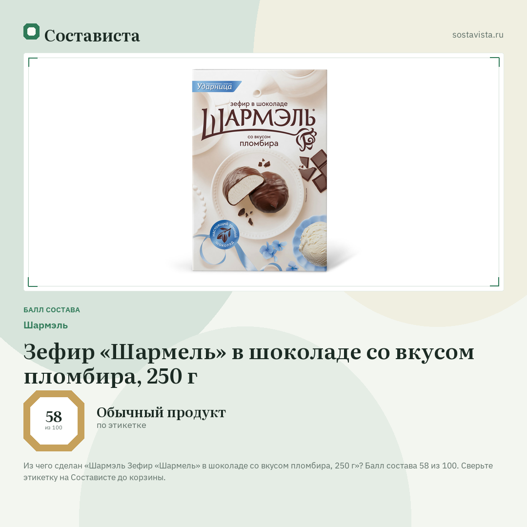 Шармэль Зефир «Шармель» в шоколаде со вкусом пломбира, 250 г: балл состава 58 из 100 — Состависта