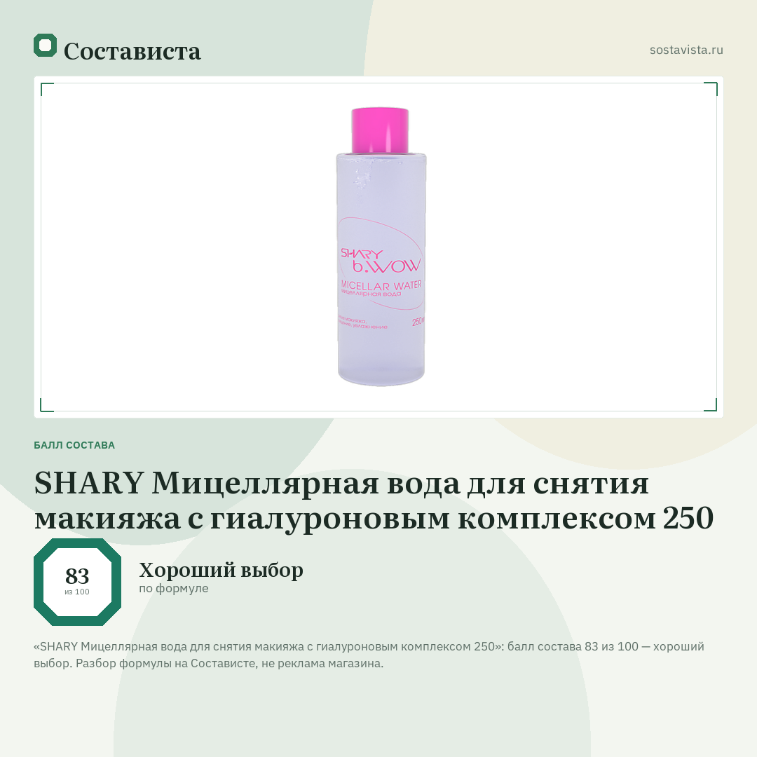 SHARY Мицеллярная вода для снятия макияжа с гиалуроновым комплексом 250: балл состава 83 из 100 — Состависта