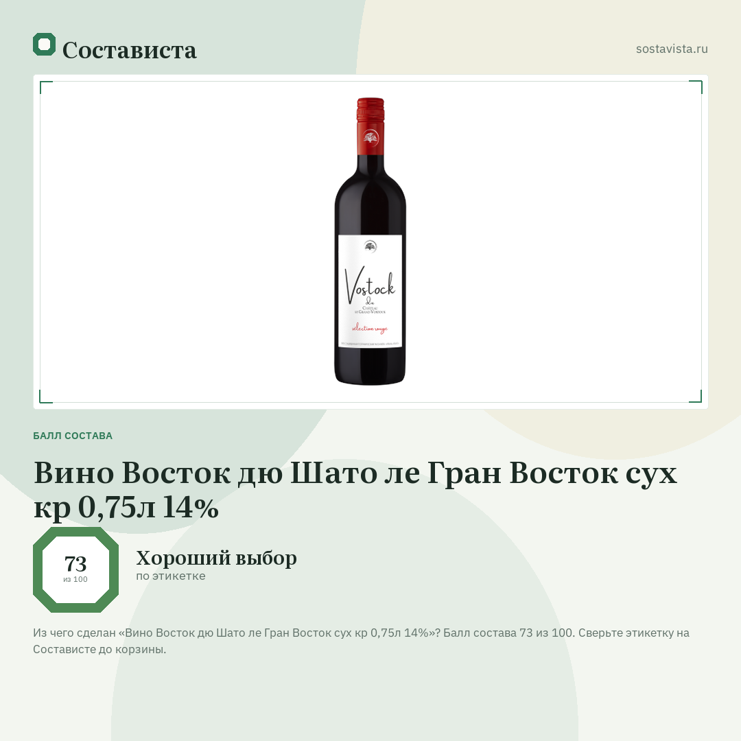 Вино Восток дю Шато ле Гран Восток сух кр 0,75л 14%: балл состава 73 из 100 — Состависта