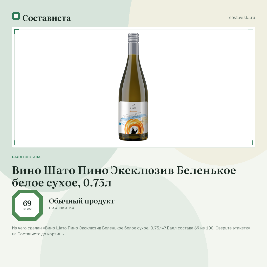 Вино Шато Пино Эксклюзив Беленькое белое сухое, 0.75л: балл состава 69 из 100 — Состависта