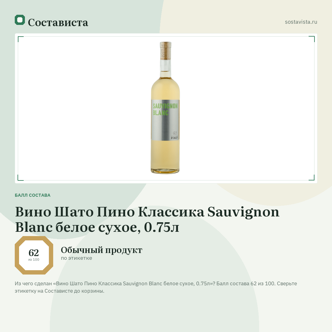 Вино Шато Пино Классика Sauvignon Blanc белое сухое, 0.75л: балл состава 62 из 100 — Состависта