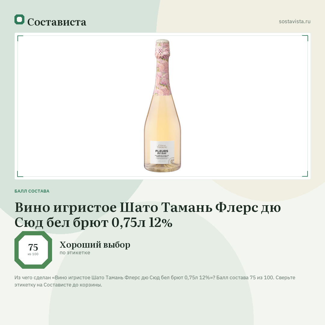 Вино игристое Шато Тамань Флерс дю Сюд бел брют 0,75л 12%: балл состава 75 из 100 — Состависта
