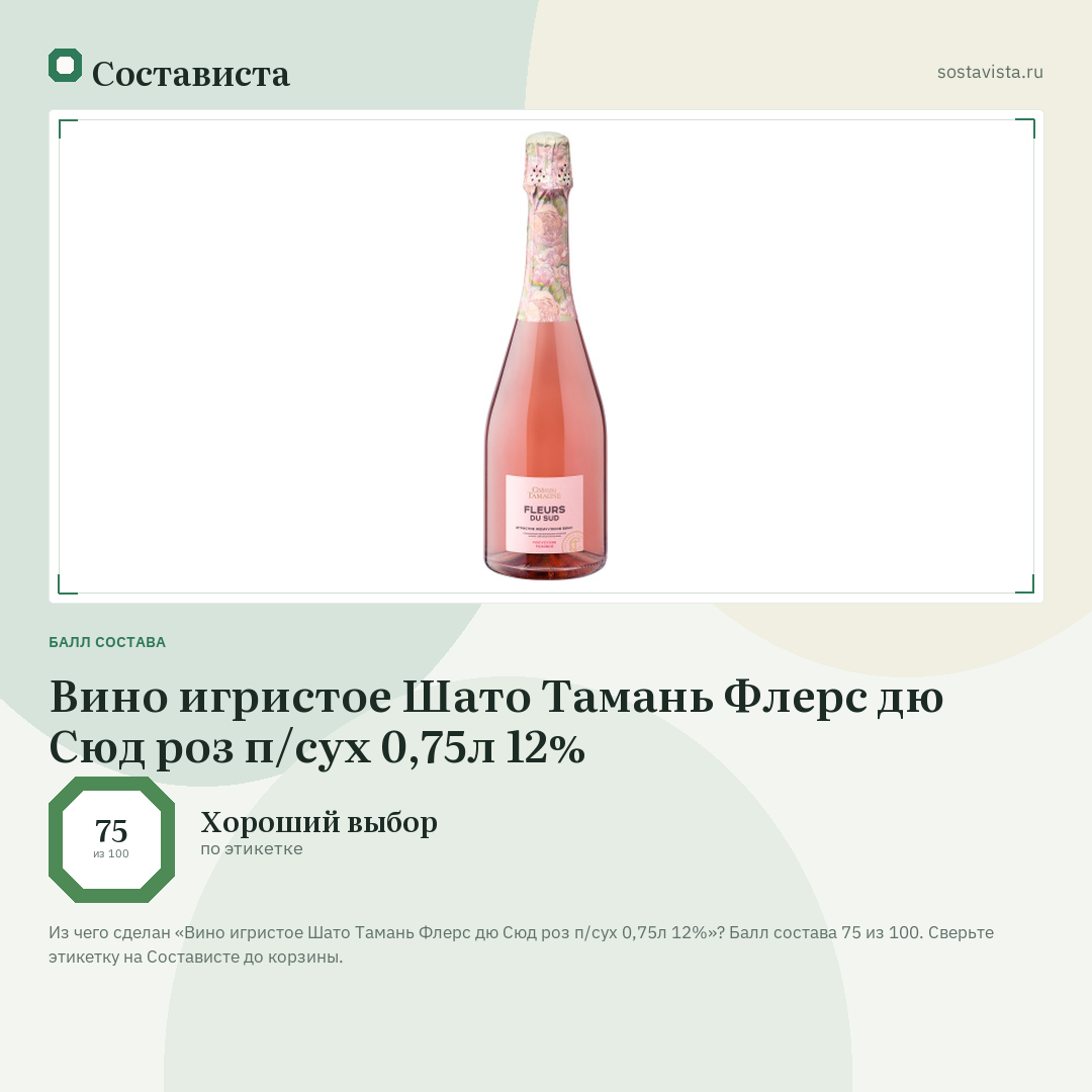 Вино игристое Шато Тамань Флерс дю Сюд роз п/сух 0,75л 12%: балл состава 75 из 100 — Состависта