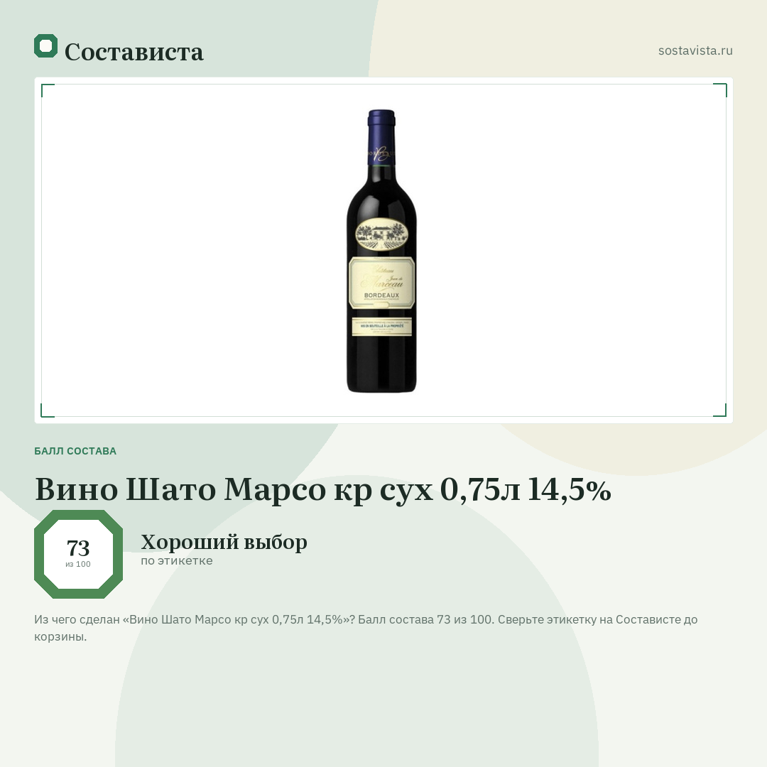 Вино Шато Марсо кр сух 0,75л 14,5%: балл состава 73 из 100 — Состависта