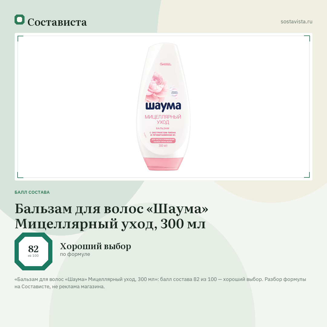 Бальзам для волос «Шаума» Мицеллярный уход, 300 мл: балл состава 82 из 100 — Состависта