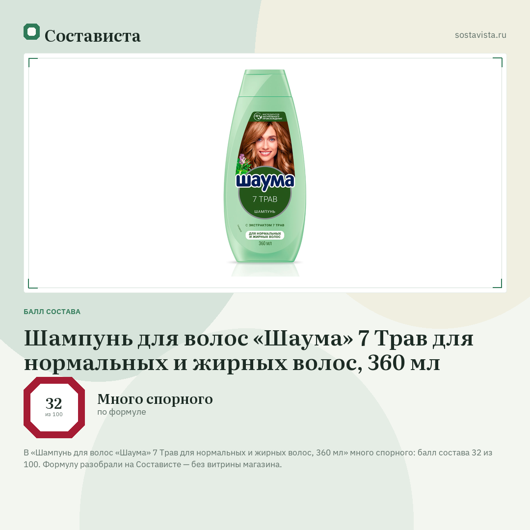 Шампунь для волос «Шаума» 7 Трав для нормальных и жирных волос, 360 мл: балл состава 32 из 100 — Состависта