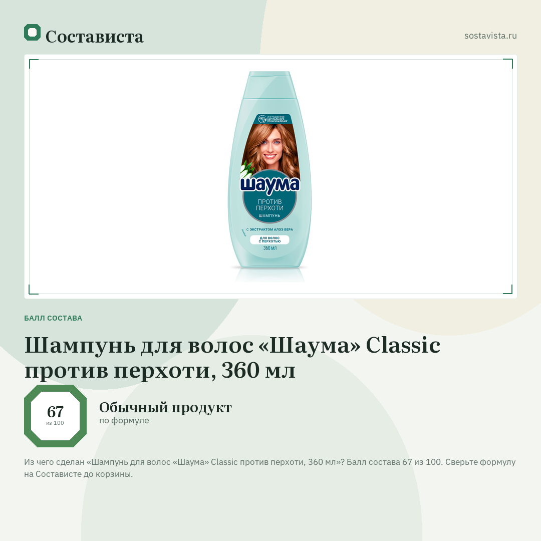 Шампунь для волос «Шаума» Classic против перхоти, 360 мл: балл состава 67 из 100 — Состависта