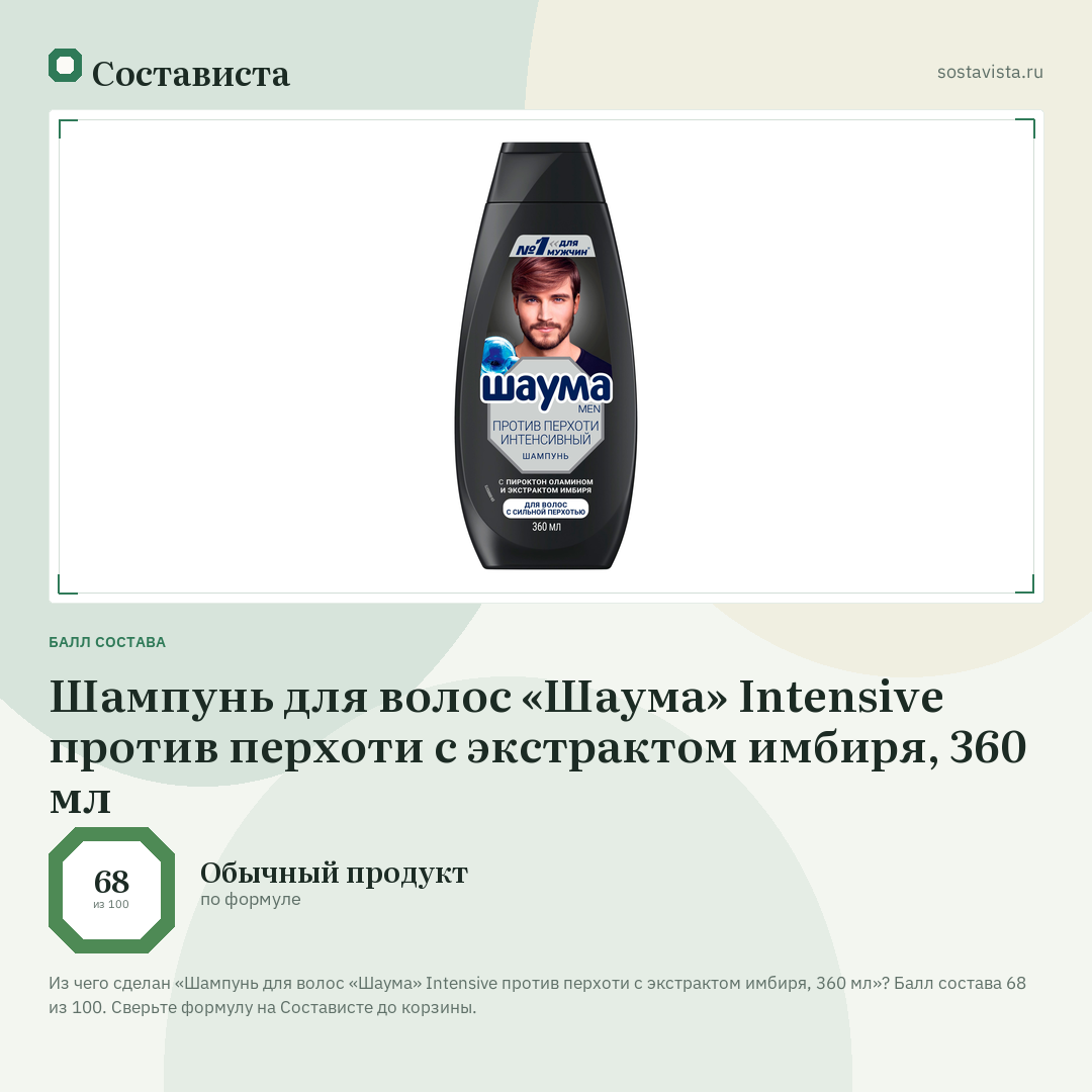 Шампунь для волос «Шаума» Intensive против перхоти с экстрактом имбиря, 360 мл: балл состава 68 из 100 — Состависта
