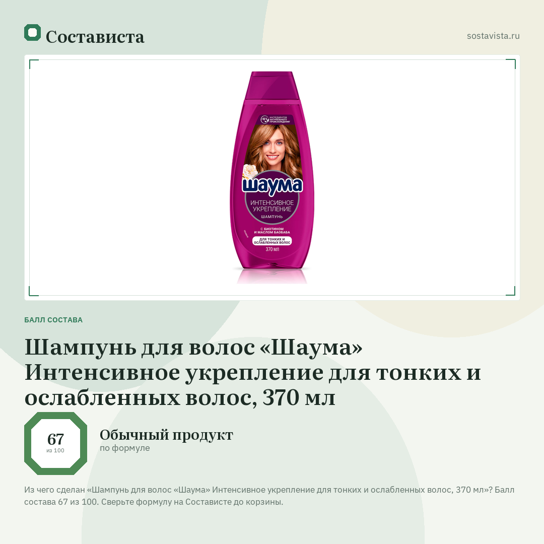 Шампунь для волос «Шаума» Интенсивное укрепление для тонких и ослабленных волос, 370 мл: балл состава 67 из 100 — Состависта