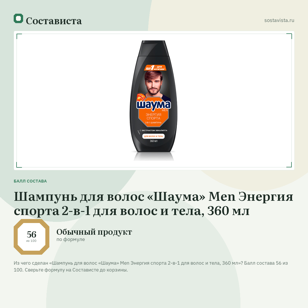 Шампунь для волос «Шаума» Men Энергия спорта 2-в-1 для волос и тела, 360 мл: балл состава 56 из 100 — Состависта