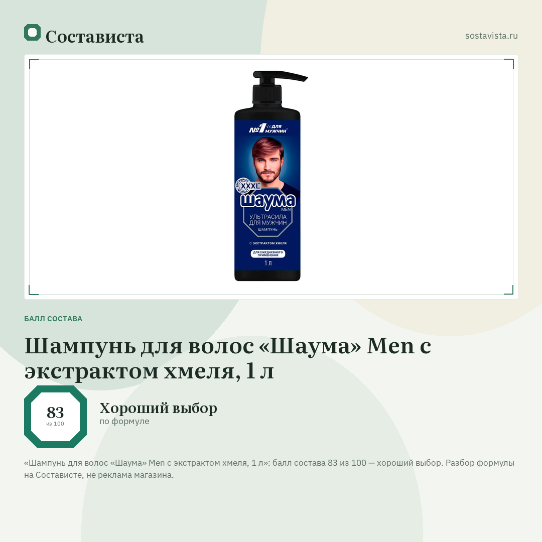 Шампунь для волос «Шаума» Men с экстрактом хмеля, 1 л: балл состава 83 из 100 — Состависта
