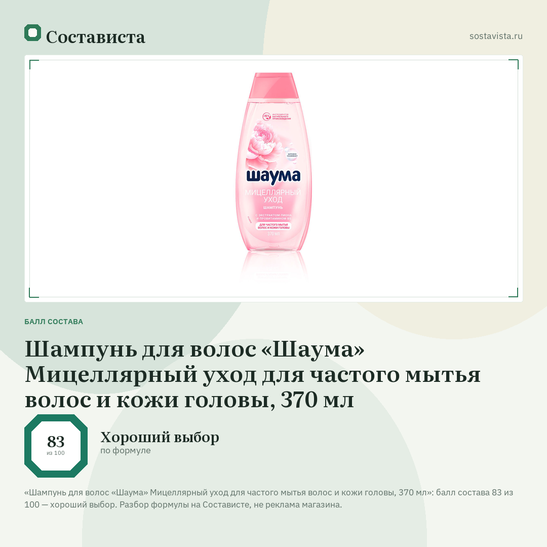 Шампунь для волос «Шаума» Мицеллярный уход для частого мытья волос и кожи головы, 370 мл: балл состава 83 из 100 — Состависта