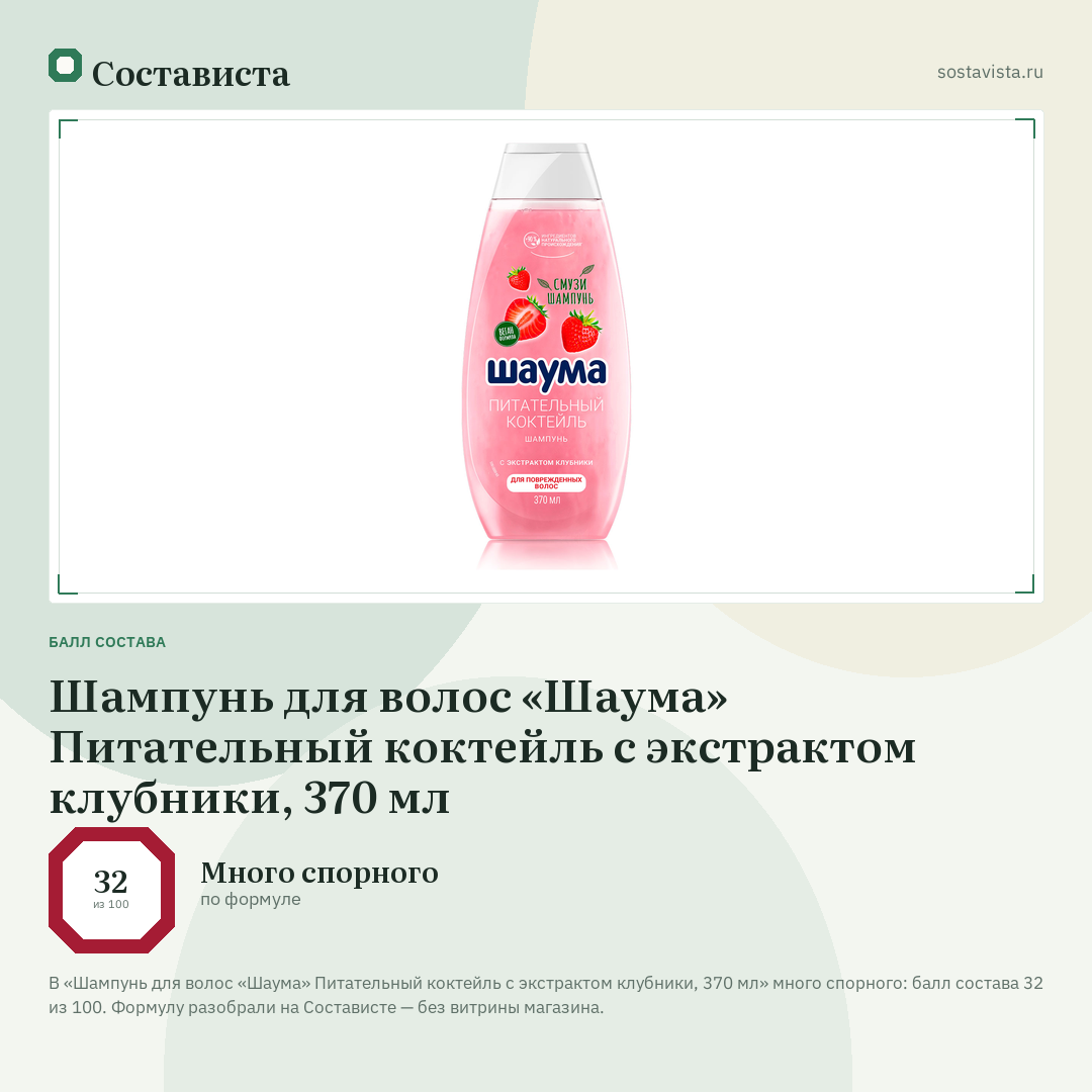 Шампунь для волос «Шаума» Питательный коктейль с экстрактом клубники, 370 мл: балл состава 32 из 100 — Состависта