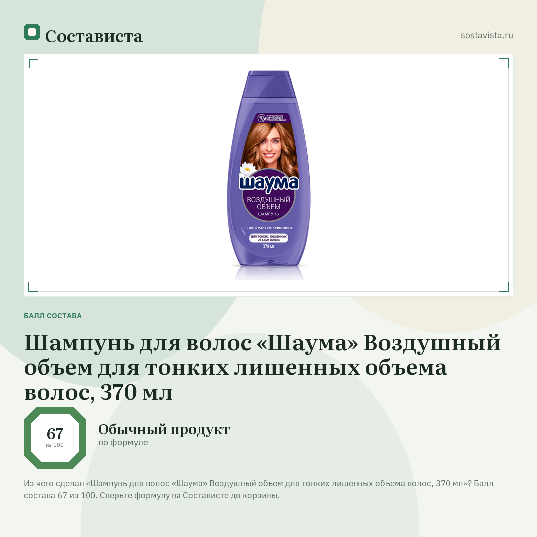 Шампунь для волос «Шаума» Воздушный объем для тонких лишенных объема волос, 370 мл: балл состава 67 из 100 — Состависта