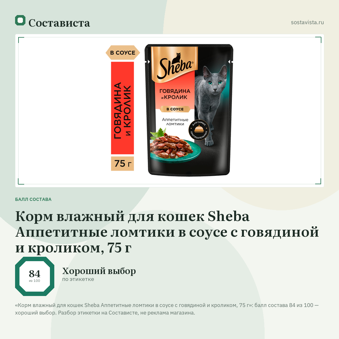 Корм влажный для кошек Sheba Аппетитные ломтики в соусе с говядиной и кроликом, 75 г: балл состава 84 из 100 — Состависта