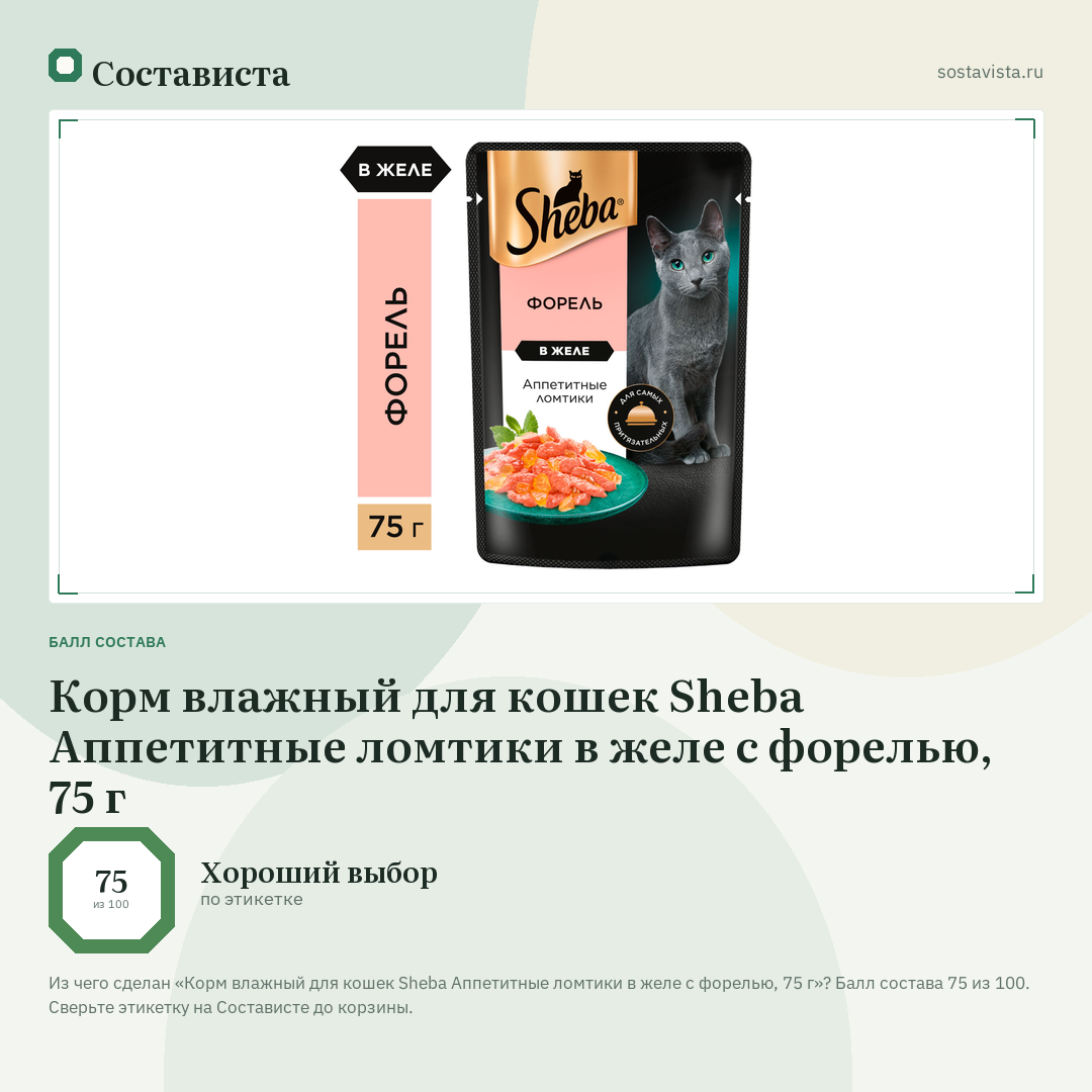 Корм влажный для кошек Sheba Аппетитные ломтики в желе с форелью, 75 г: балл состава 75 из 100 — Состависта