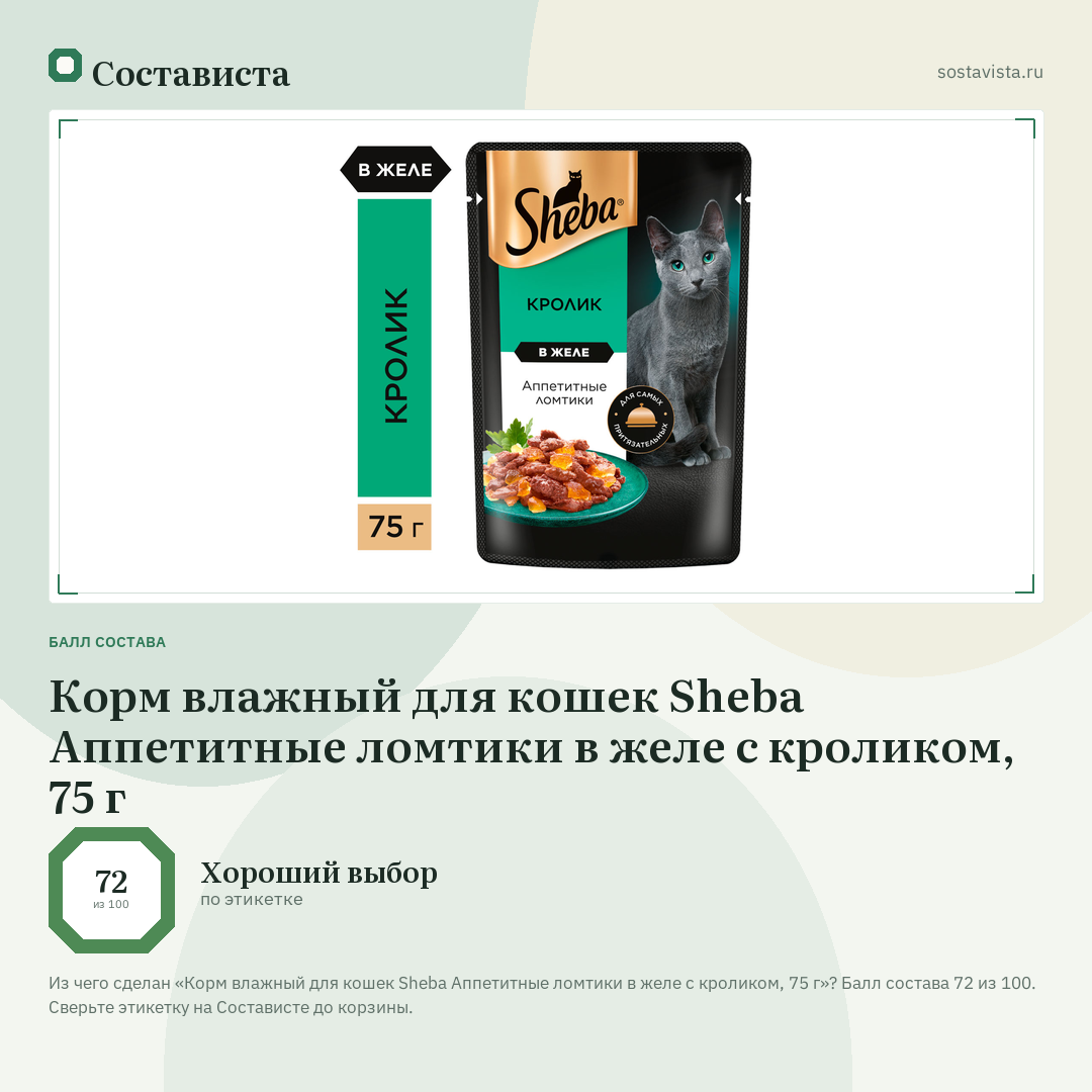 Корм влажный для кошек Sheba Аппетитные ломтики в желе с кроликом, 75 г: балл состава 72 из 100 — Состависта