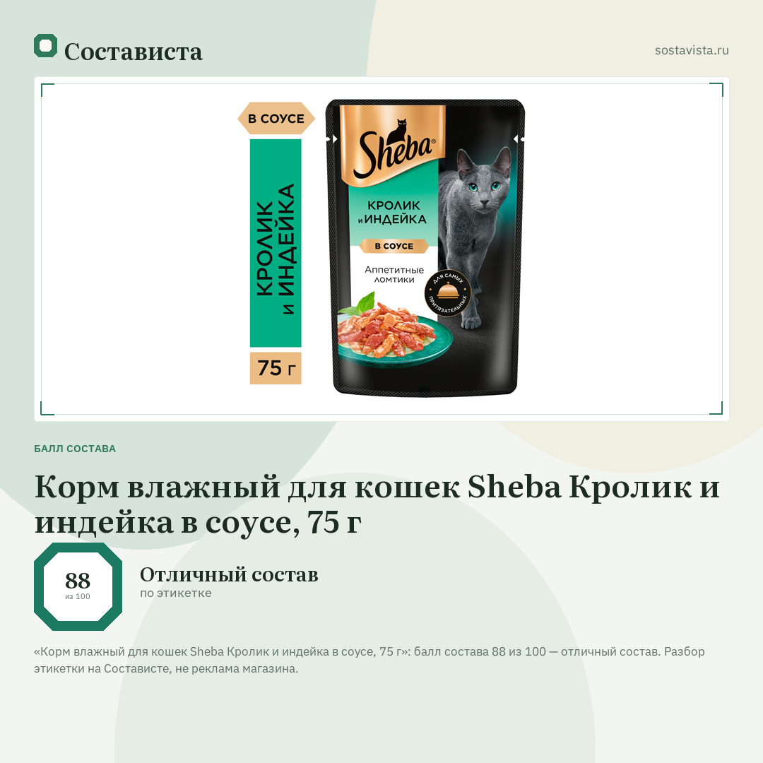Корм влажный для кошек Sheba Кролик и индейка в соусе, 75 г: балл состава 88 из 100 — Состависта