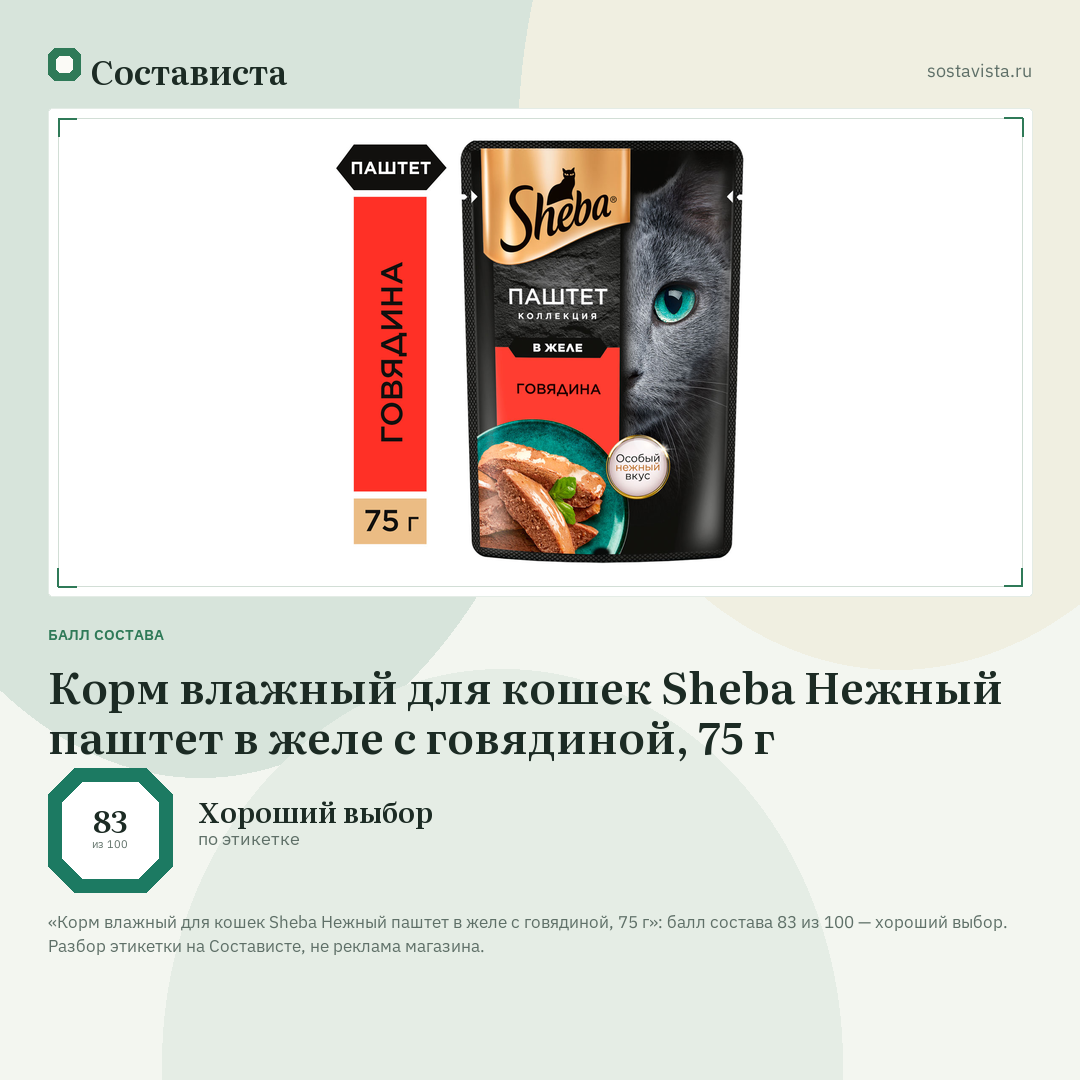Корм влажный для кошек Sheba Нежный паштет в желе с говядиной, 75 г: балл состава 83 из 100 — Состависта