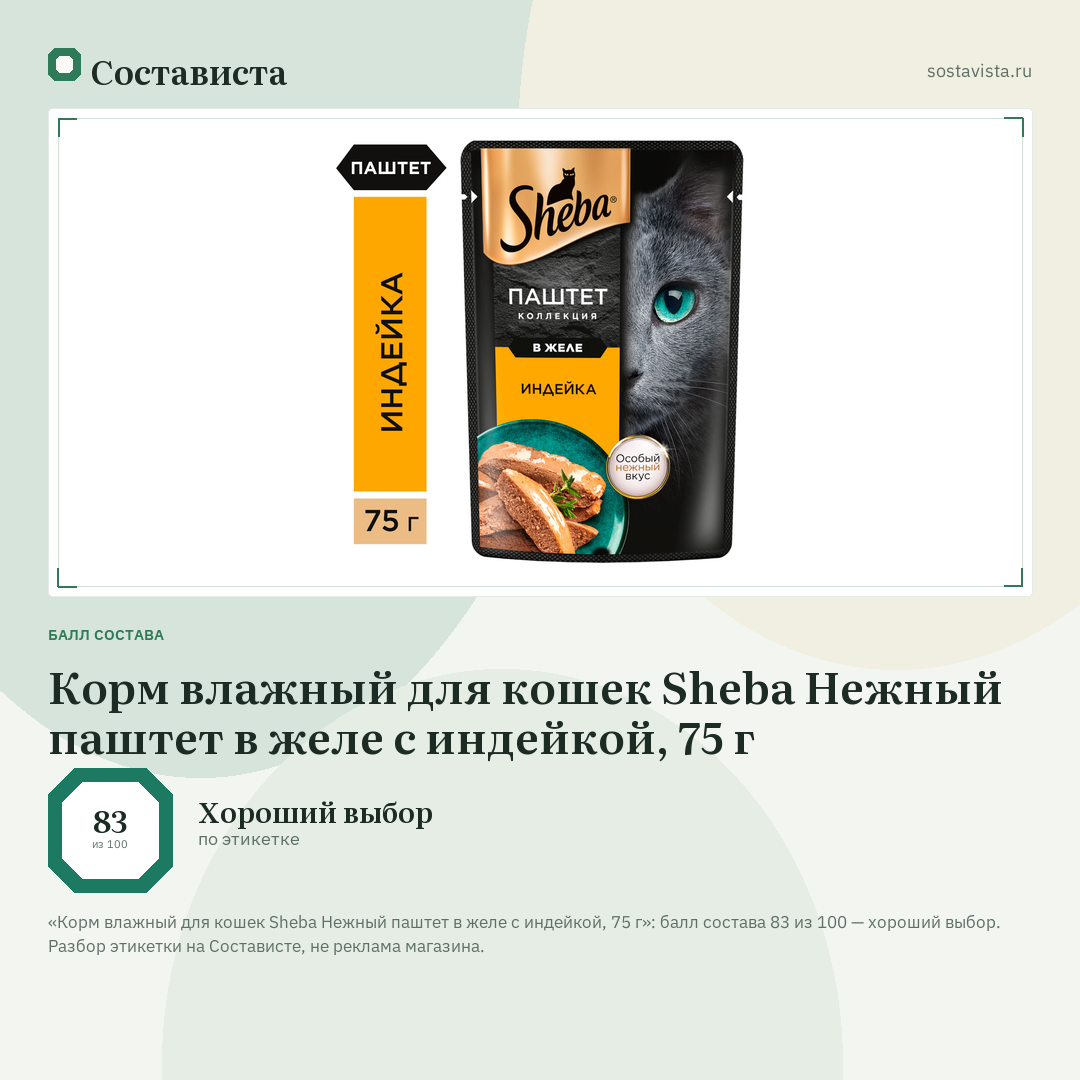 Корм влажный для кошек Sheba Нежный паштет в желе с индейкой, 75 г: балл состава 83 из 100 — Состависта