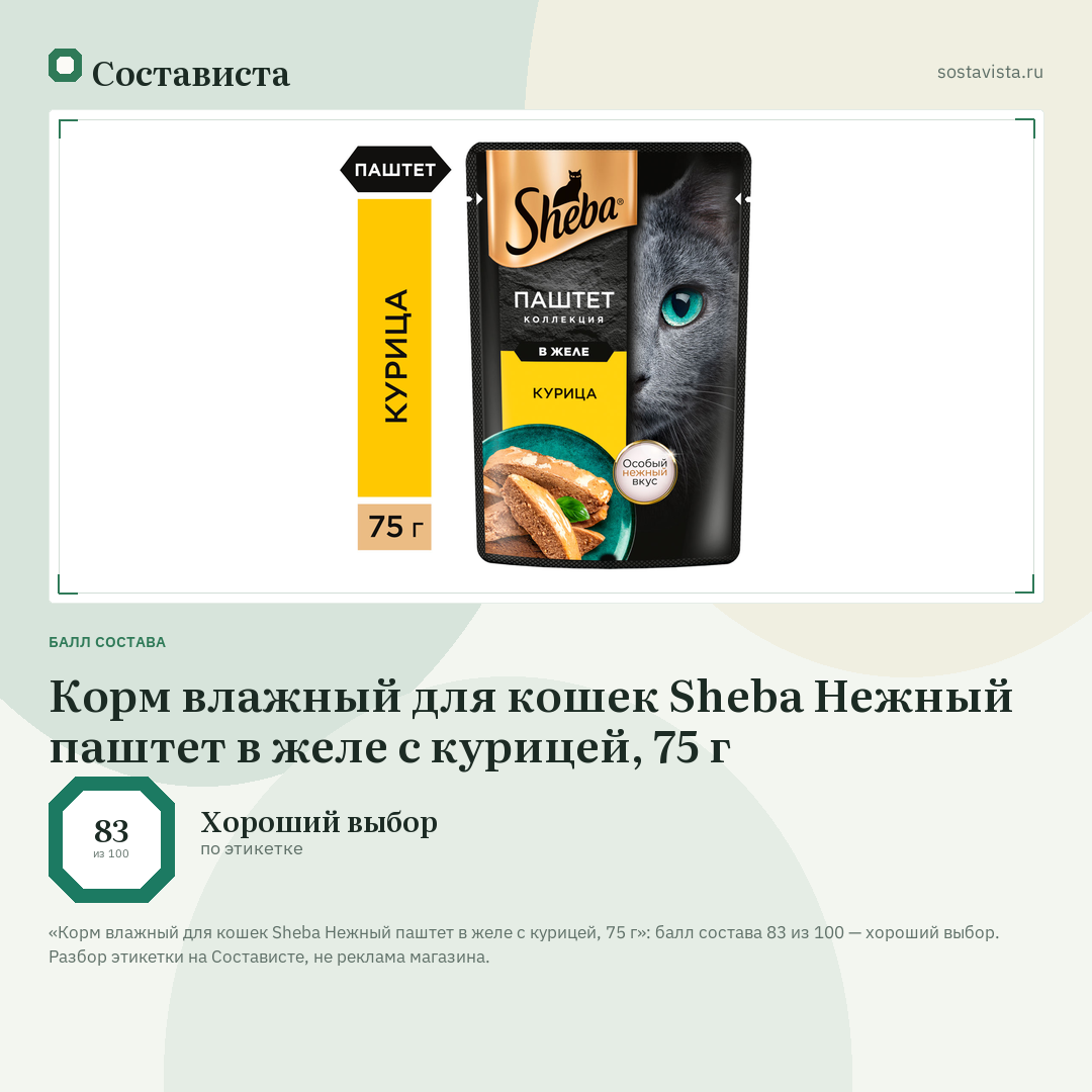 Корм влажный для кошек Sheba Нежный паштет в желе с курицей, 75 г: балл состава 83 из 100 — Состависта